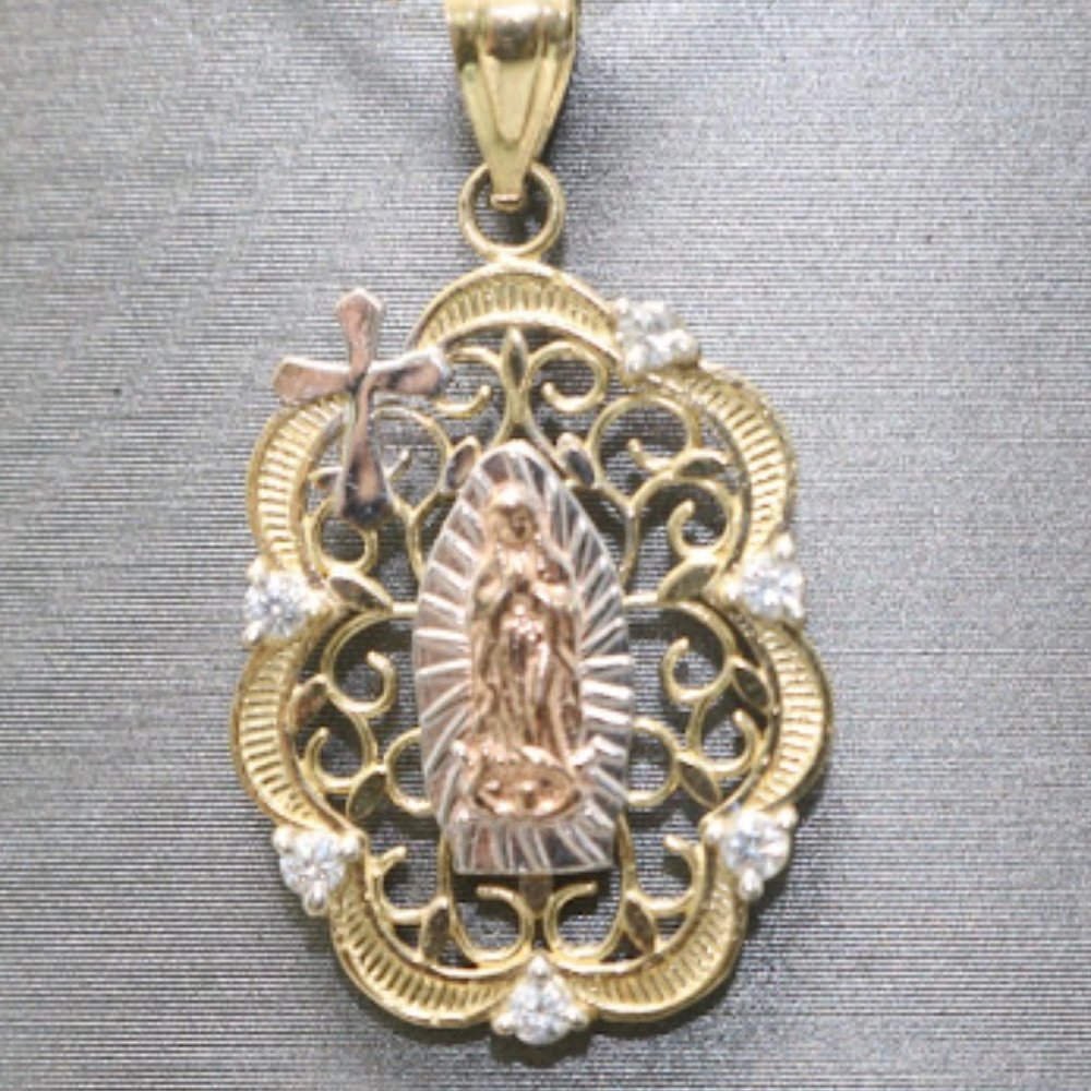 14kt Tri-tone Virgin Mary Cross Pendant with 14kt Tri-tone Trace Chain